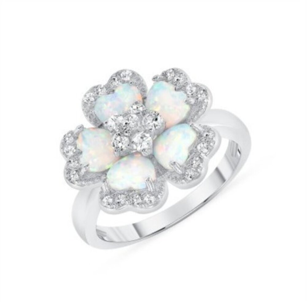 NEW 925 SILVER CZ FLOWER OPAL RING